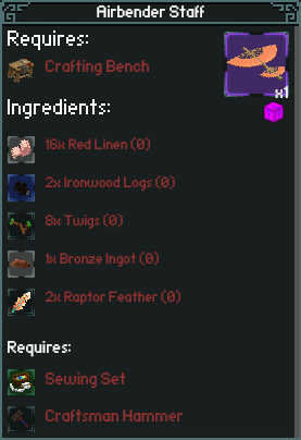 item crafting recipe for "Airbender Staff"